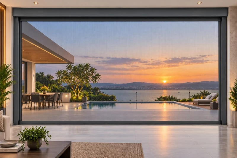 Motorized ziptrack screen overlooking an outdoor terrace
